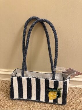 Striped Beaded Lemon Tote Bag - Navy & White